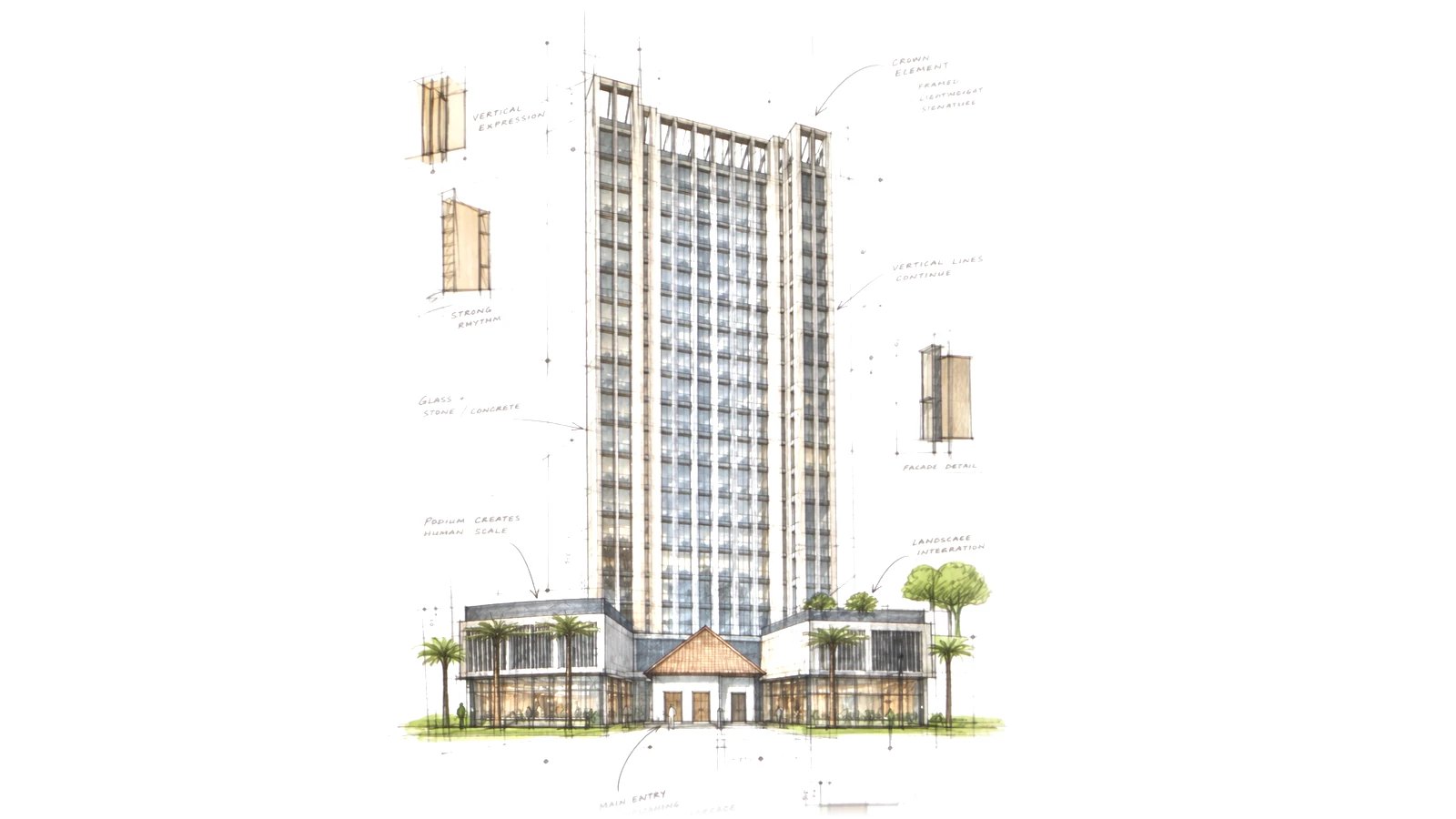 Croqui de estudo da torre com anotações