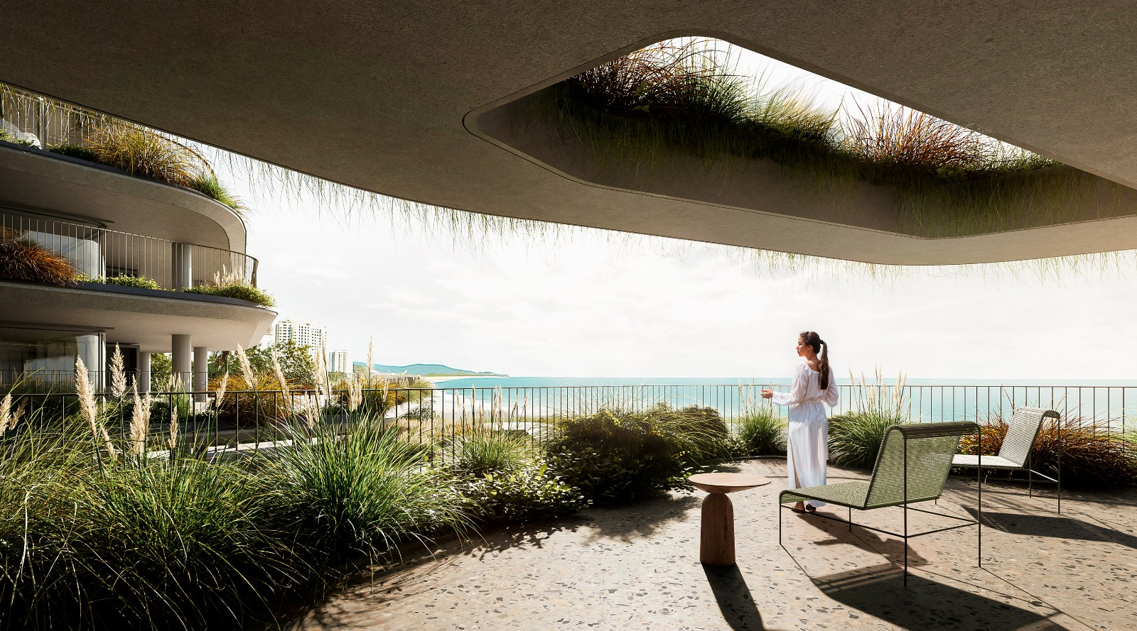 Terraço e vistas para o litoral no estudo arquitetônico