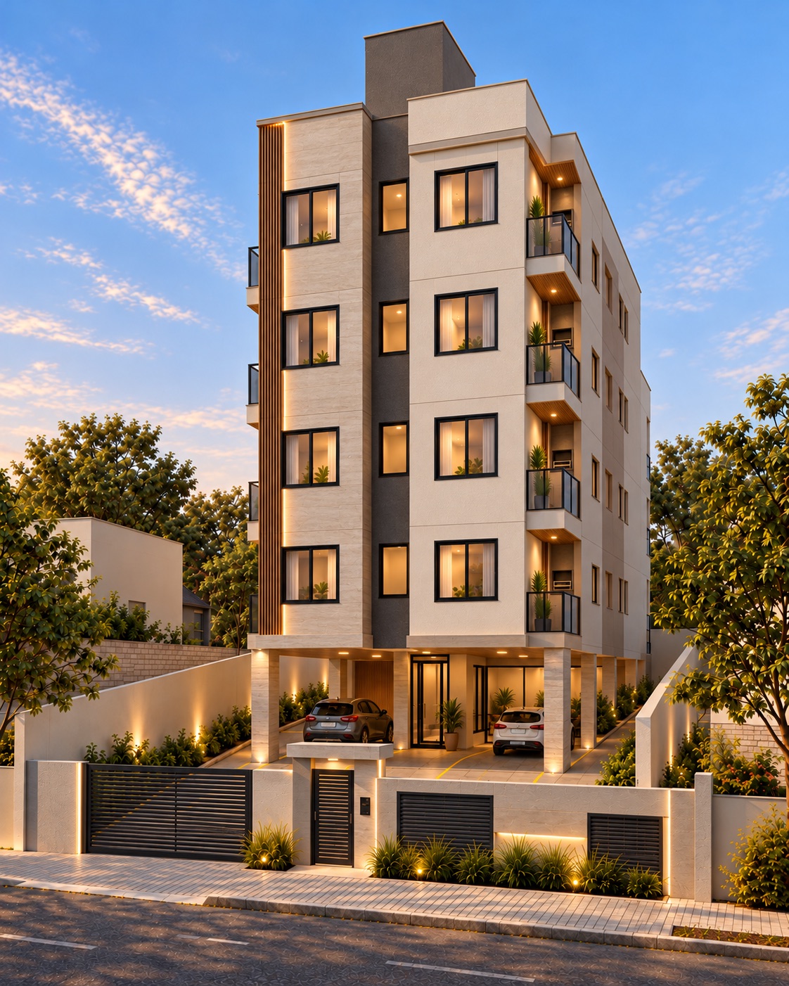 Representação arquitetônica conceitual de um edifício residencial multifamily ao entardecer