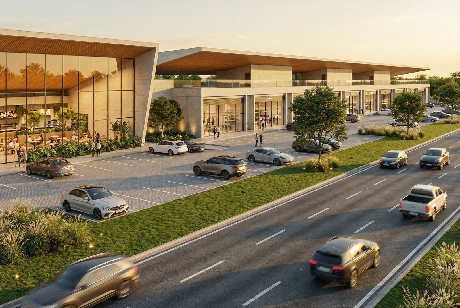 Estudo visual conceitual de centro comercial de perfil strip mall, com fachadas envidraçadas e vagas frontais