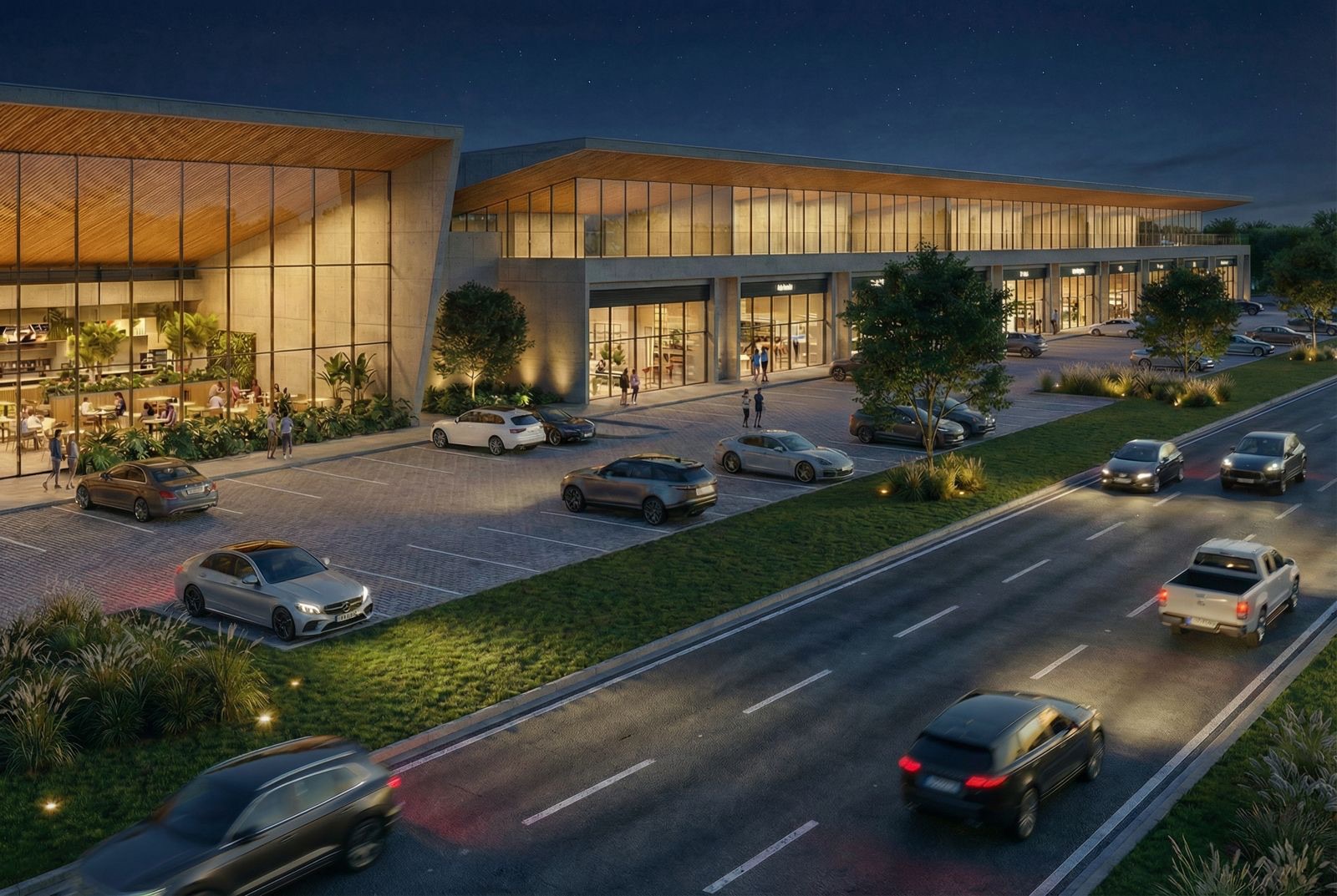 Perspectiva da fachada comercial e integração com a via